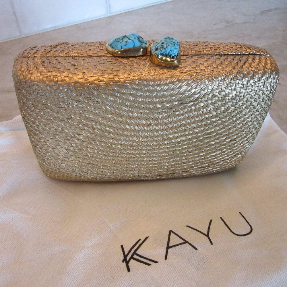 KAYU Jen Clutch: Woven Straw Gold & Turquoise Clasp EUC